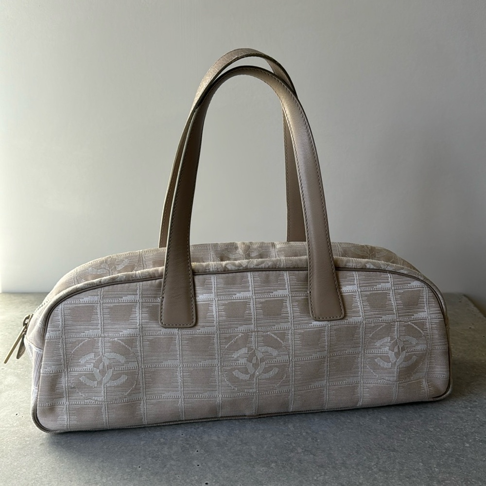 Chanel New Travel Line Beige Nylon Canvas Baguette Shoulder Bag